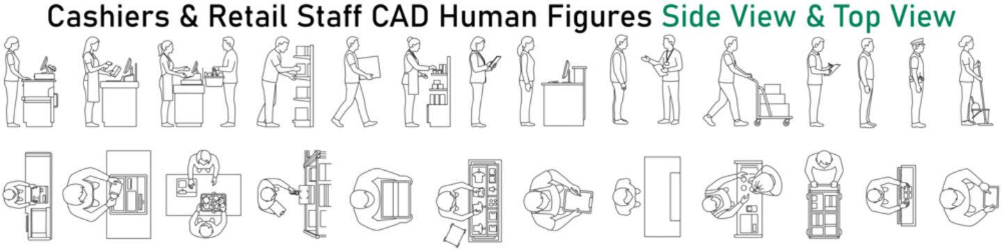 Cashiers and Retail Staff CAD Human Figures Vector Collection Featuring Side View Top View Checkout Counters POS Stations Shopping Carts and Store Employees