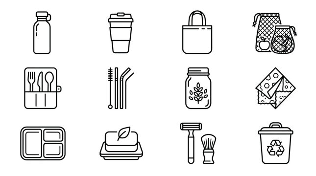 Eco friendly lifestyle icons reusable items for sustainable living