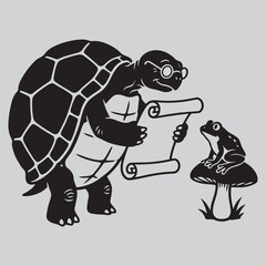 Fototapeta premium Wise Tortoise Reading Scroll to Young Frog silhouette vector design art and illustration