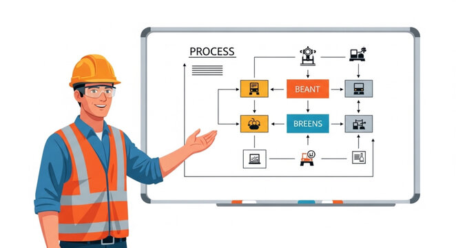 Engineer explains process flowchart on whiteboard illustration.