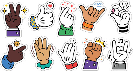 Fototapeta premium Cartoon Hand Gesture Sticker Collection with Positive Signs, Finger Symbols, Social Reactions and Fun Expression Vector Illustration Set