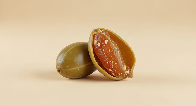 Whole and halved caperberry with visible seeds on a beige background