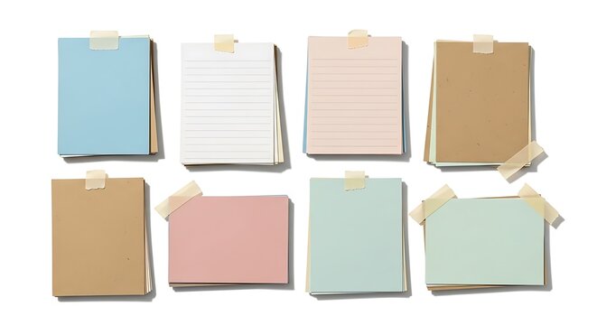 Set of colorful craft paper folders and note cards arranged on white background with stationery colorful organization document minimalist collection creative template supplies business