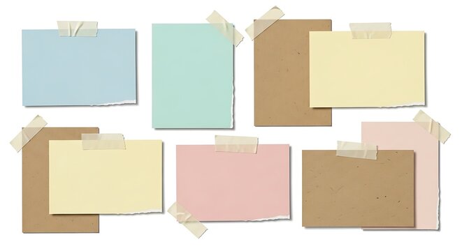 Set of blank textured paper note fragments taped on white surface with adhesive stationery reminder background collection scrapbook template information organizer creative announcement