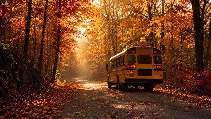 Obraz premium Yellow School Bus on Leaf Covered Road in Bright Autumn Forest