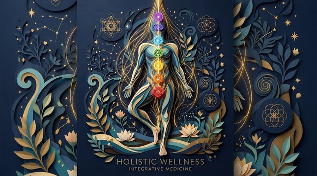 Holistic wellness concept with human chakra on navy blue background with gold accents