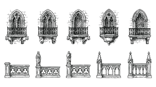 Set of 10 gothic stone balcony and balustrade icons on a white background