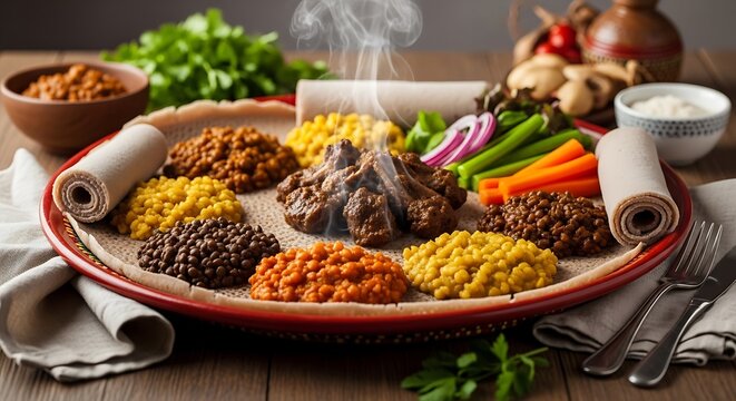 Colorful Ethiopian injera platter with assorted lentil stews and vegetables on wooden table