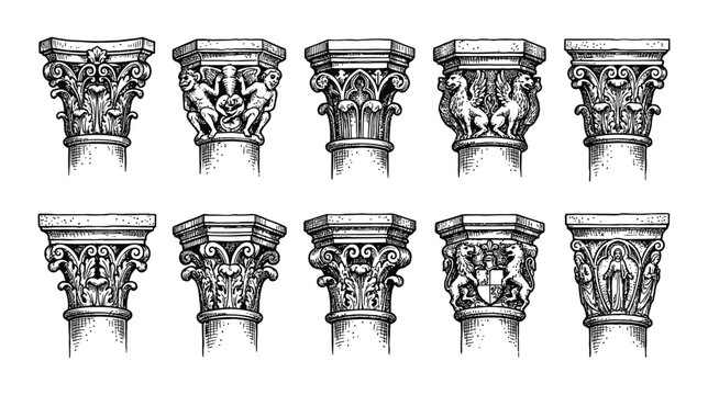 Set of 10 medieval gothic stone pillar capitals on a white background