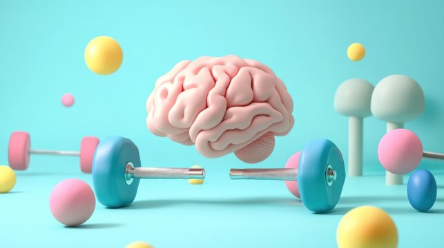 Brainpower: Exercising Your Mind, A 3D Render of a Brain Lifting Weights