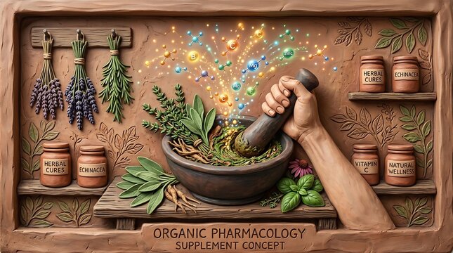 Organic pharmacology supplement concept with herbal cures and natural wellness products