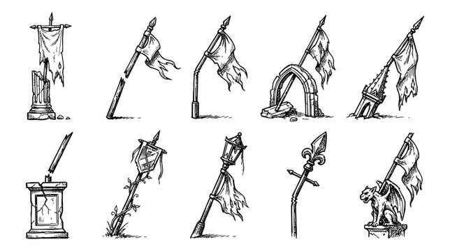 Set of 10 ruined gothic flag and banner pole icons on a white background