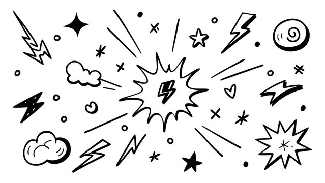 Set of hand-drawn comic book action elements, motion lines, and speed bursts in black ink on white background.eps