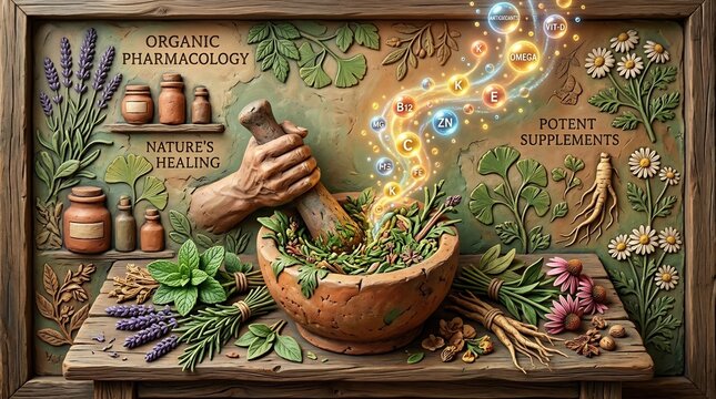 Organic pharmacology illustration with mortar and herbs on wooden table