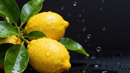 Lemons with water droplets on leaves