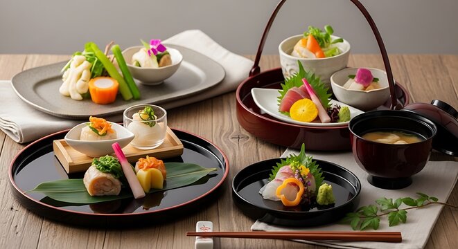 Traditional Japanese kaiseki multi-course meal elegantly arranged on wooden table with chopsticks