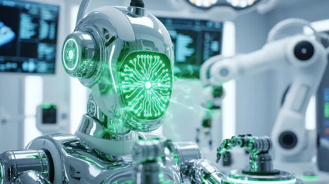 Futuristic Robot Head with Glowing Neural Network in Operating Room - A close-up of a sleek, chrome robot head with a bright emerald green neural network circuit pattern illuminated on its face.