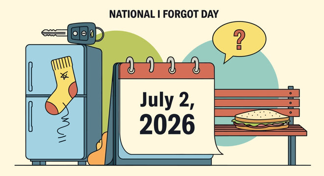 National I Forgot Day July 2nd Calendar Reminder with Lost Items and Question Mark