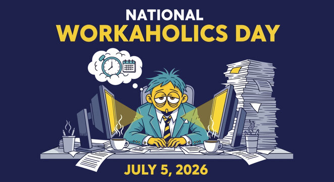 National Workaholics Day Illustration: Overworked Man at Desk with Piles of Paper