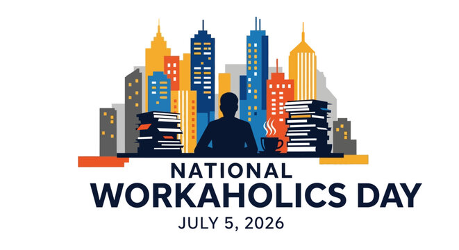 National Workaholics Day Illustration: Overworked Person at Desk with City Skyline