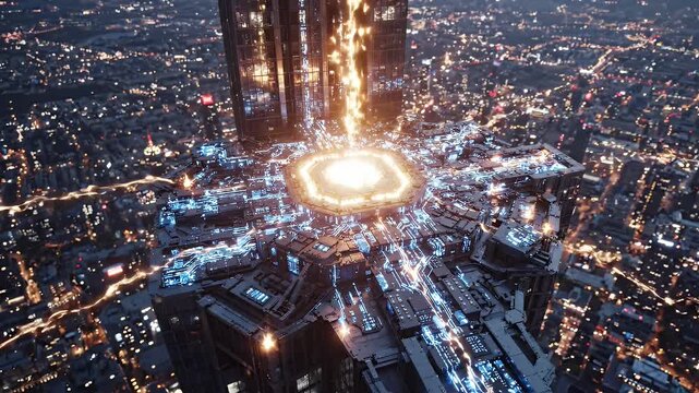 Futuristic City Security Core Activation - A high-tech security core glows amber atop a skyscraper, activating with energy streams connecting to a sapphire circuitry network.