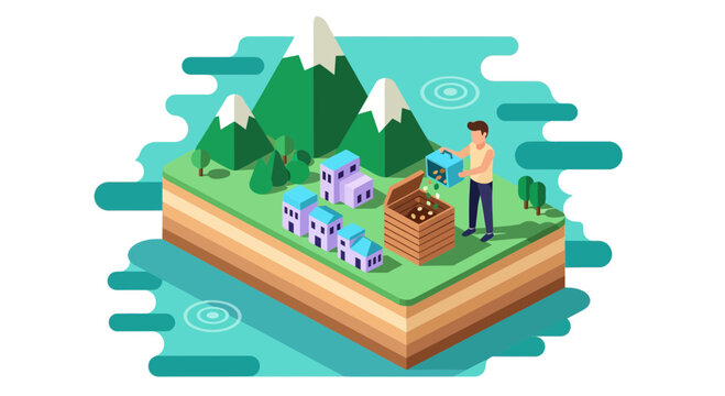 Isometric illustration of a man using an organic compost bin outdoors