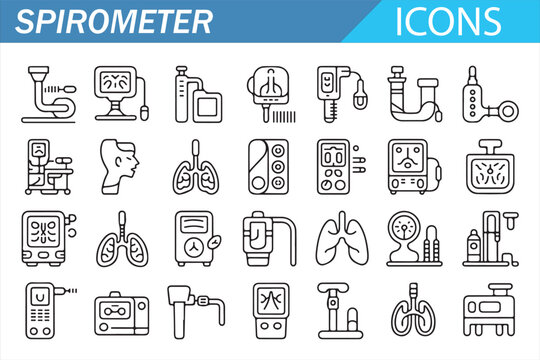 Spirometer Medical Icons Set - Line Outline Vector Illustration of Respiratory Lung Function Testing Devices and Pulmonary Diagnostics Equipment