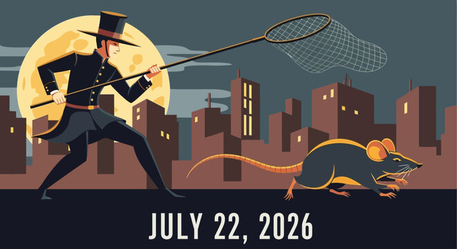 Man catching rat with net in city at night