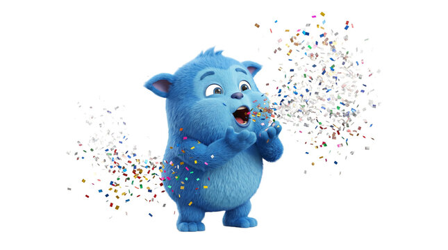 Cute blue fluffy monster character blowing confetti particles as PNG element