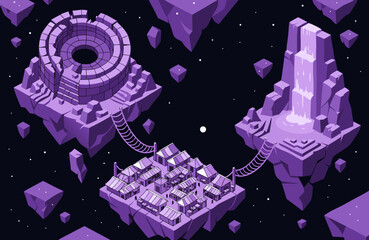 Fototapeta premium Amphitheater structure and a majestic waterfall are positioned on floating purple platforms linked by bridges to a grid of housing blocks amidst a vast dark starry environment of isometric fantasy.