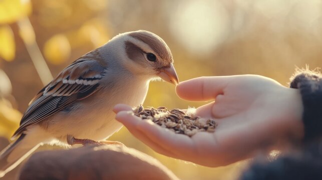 Child feeding bird seeds, autumn park