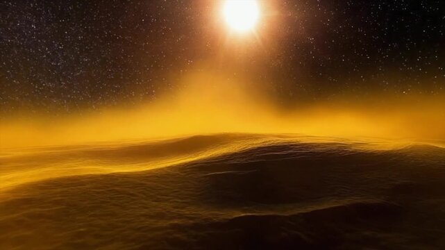 Golden silk fog flowing slowly through a shadowy galactic void with dark cinematic ambient depth
