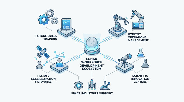 Conceptual Isometric Illustration of Lunar Economic Infrastructure and Future Space Colony Workforce Development