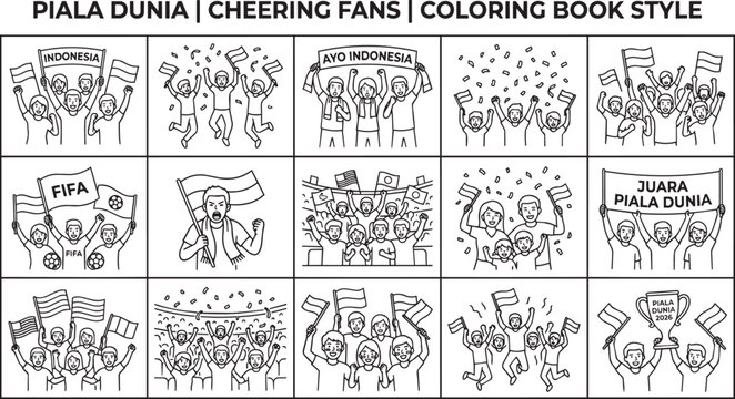 Cheering fans in a coloring book style for piala dunia.