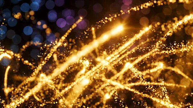 Golden Light Trails on Bokeh Background - Abstract golden light trails curve dynamically against a dark background with soft, out-of-focus bokeh lights in blue and purple hues.