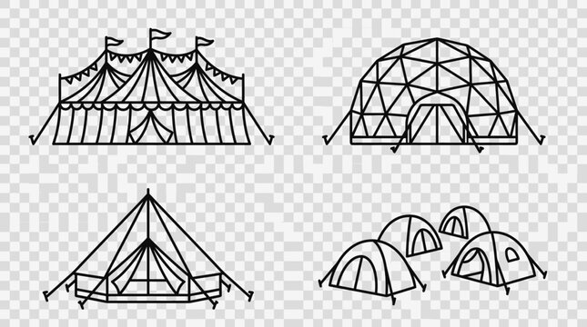 Outlined tent collection camping and outdoor adventure illustrations