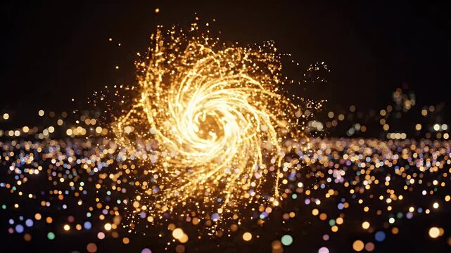 Golden Swirl Light Trails Bokeh Background - Abstract golden light trails form a swirling vortex against a dark background with bokeh lights.