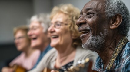 Fototapeta premium Diverse group of seniors laughing and playing guitars together in a music class