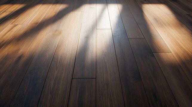 Dark wood floor with sunlight and shadow play, low-angle perspective highlights rich texture and warmth for stylish interior design. Hardwood, Aesthetic