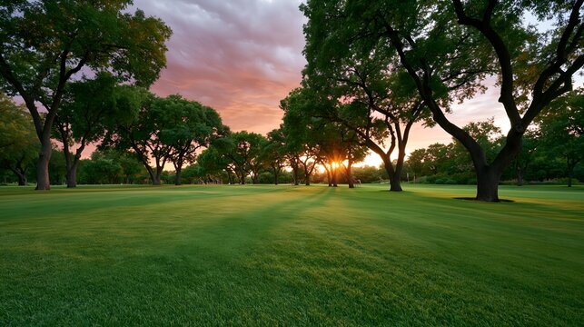 Sunset glows through tall oak trees on manicured green lawn.