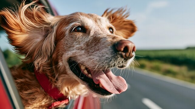 Happy dog rides car window.