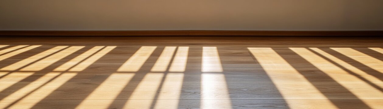 Geometric sunlit stripes dance on warm wooden floor planks, casting sharp shadows against a minimalist wall. A tranquil natural light pattern, interior design. Daylight, Hardwood