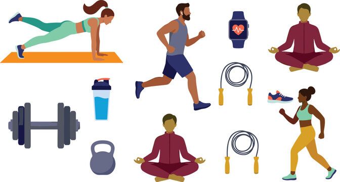 Fitness and Healthy Lifestyle Character Collection with Exercise Activities, Workout Equipment, Yoga Practice, and Wellness Vector Illustrations