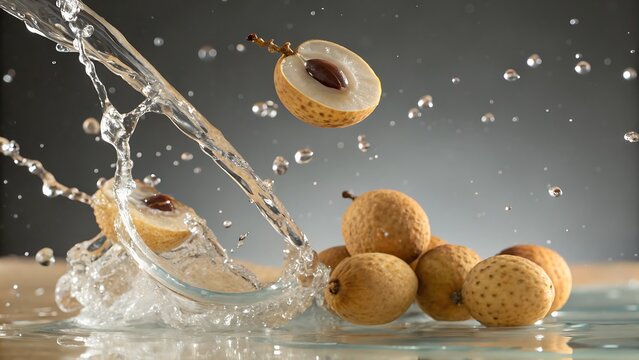 Longan fruits with water splash and droplets on a gray background