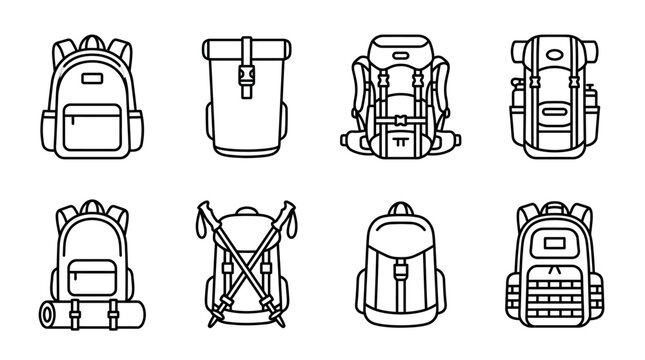 Outline drawings of diverse backpacks for outdoor adventures and travel
