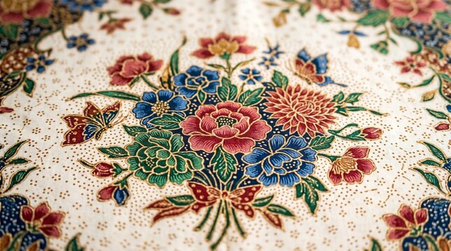 Traditional Indonesian Batik Fabric with Colorful Floral Bouquet and Butterfly Pattern, Artistic Cultural Heritage Textile Design on Cream Background for Fashion and Decor
