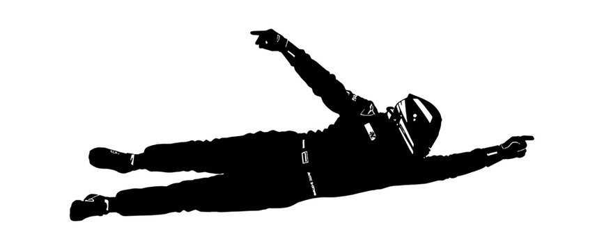 Silhouette of a racing driver in helmet and suit flying like a superhero and pointing, vector art