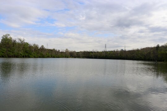 The peaceful lake in the woods on a sunny day.