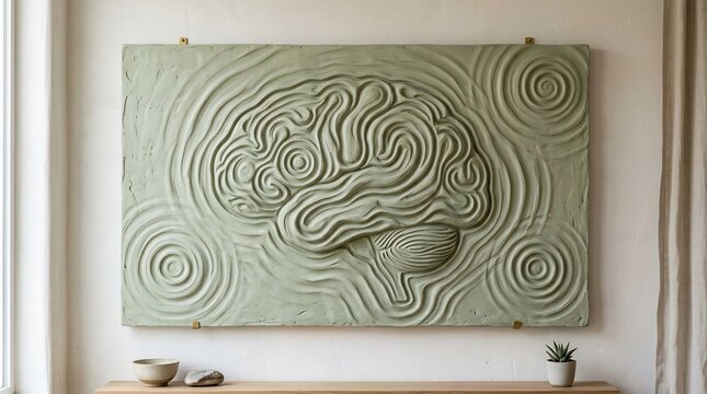 Large sage green abstract brain sculpture on a white wall with decor