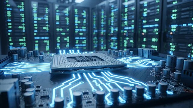 Futuristic CPU on Glowing Circuit Board in Server Room - A close-up view of a central processing unit on a complex motherboard with bright blue illuminated circuit lines.